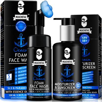 MUUCHSTAC Ocean Foam Face Wash & Ocean Moisturizer & Sunscreen for Men Fights Acne
