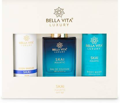 Bella vita organic Skai Aquatic Gift Set with Aloe Vera, Hazel Extracts || Body Wash 200 ml, EAU DE COLOGN Perfume 100 ml & Deo Body Parfum 150 ml
