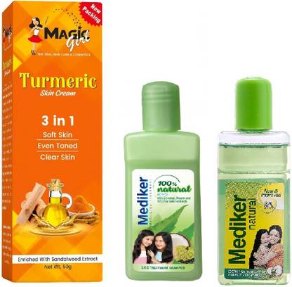 magic girl TURMERIC CREAM 50GRM AND MEDIKER NATURAL ANTI LICE HAIR SHAMPOO AND OIL