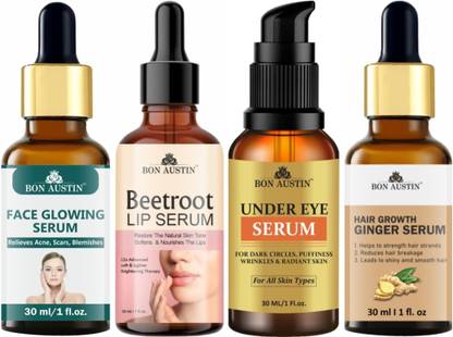 Bon Austin Face Glowing Serum, Beetroot Lip Serum, Under Eye Serum & Hair Growth Serum Combo Pack (Each,30ml)