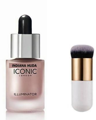 INDIANA HUDA BLOSSOM (Peachy Rose Gold) Iconic illuminator highlighter AND Professional Single Handle Flat Top ROUND Foundation Brush