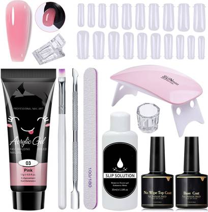 BOZLIN Acrylic Poly Nail Gel Nail Extension Set with Top Coat, Base Coat & UV (Pink)