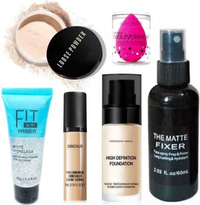 LOVE HUDA Waterproof HD Makeup Combo Face Primer, Foundation, Powder, Concealer, Makeup Fixer Spray With Blender