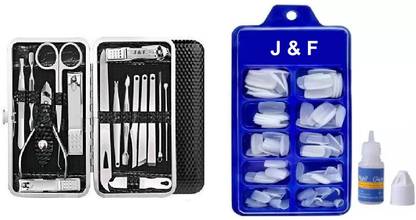 J & F 100 Fake Nails With Glue & 16 in 1 Manicure Pedicure Tool Kit