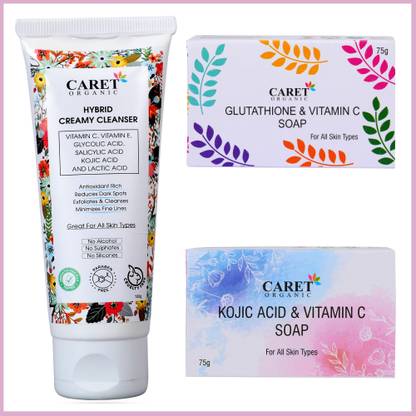 Caret Organic Hybrid Creamy Cleanser (100ml), Kojic & Vitamin C Soap (75g) AND Glutathione & Vitamin C Soap (75g)