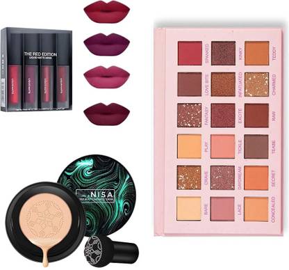 sunisa 18 Colors Eyeshadow Palette, Air-Cushioned Foundation CC, BB and 4in1 Matte Liquid Lipstick Mini