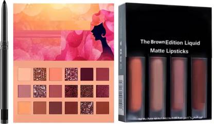 SHEFFO Kajal & Nude Eyeshadow Palette & Brown Edition Set of 4 Liquid Matte Lipstick