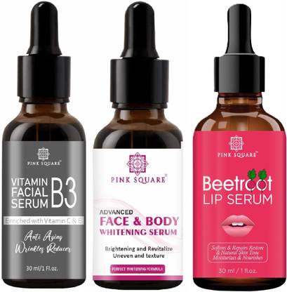 Pink Square Vitamin B3 Face Serum, Face-Body Whitening Serum & Beetroot Lip Serum (Each,30ml)