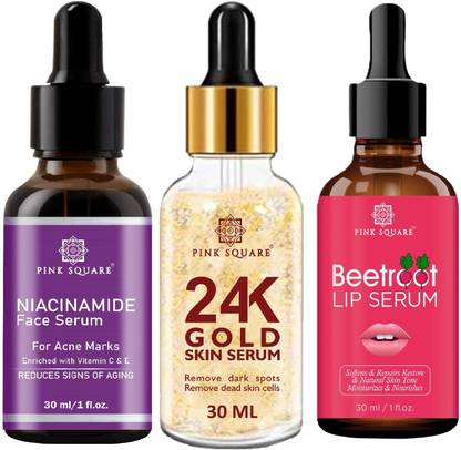 Pink Square Niacinamide Face Serum, 24K Gold Facial Serum & Beetroot Lip Serum (Each,30ml)