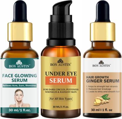 Bon Austin Face Glowing Serum, Under Eye Serum & Hair Growth Ginger Serum (Combo Pack) Each, 30ml