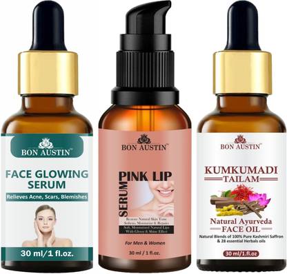 Bon Austin Face Glowing Serum, Pink Lip Serum & Kumkumadi Tailam/Face Oil (Each, 30ml) Combo Pack of 3 Items
