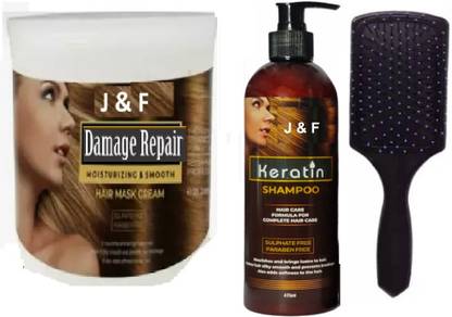 J & F Flat Comb With Damage Repair Hair Mask & Keratin Shampoo