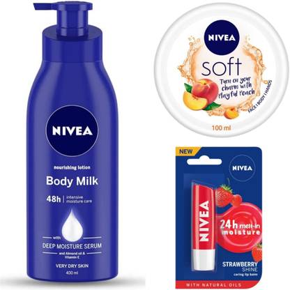 NIVEA Body Milk Nourishing Lotion 400ML , Soft Playful Peach 100ML & Strawberry Lip Balm