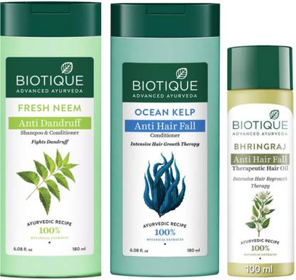 BIOTIQUE FRESH NEEM SHAMPOO 180 ML, OCEANKELP CONDITIONER 180 ML, BHRINGRAJ HAIROIL 100 ML