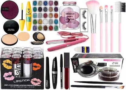 SUBHMUN best makeup combo GLITTER PALETTE & YELLOW MASCARA & MAKEUP REMOVER & COMPACT POWDER & HAIR STRAIGHTENER & EYELASHES WITH GLUE