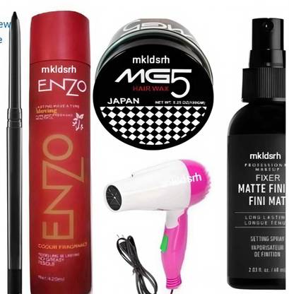 mkldsrh enzo hair setting holding spray with mg 5 wax with 1290 hair dryer with fixer with kajal