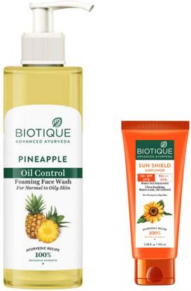 BIOTIQUE PINEAPPLE OILCONTROL FACE WASH 200ML, SUNSHIELD SUNFLOWER SUNSCREEN 50+SPF 100ML