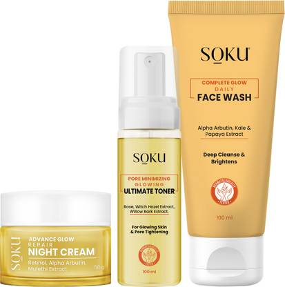 SOKU Ultimate Glow & Repair Trio Retinol Night Cream Pore Minimizing Toner Alpha Arbutin Face Wash