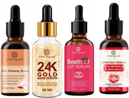 Pink Square Face Glowing Serum, 24K Gold Serum, Beetroot Lip & Knuckle Serum (Each,30ml)