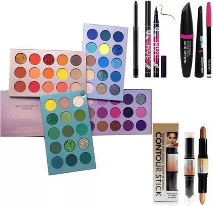 SUBHMUN 60 Color Makeup Palette (Multicolor) with Waterproof 36H Sketch eyeliner and kajal and 3in1 combo set and 3D Contour stick