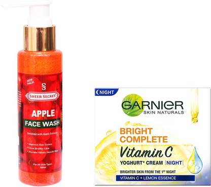 Sheer Secret Apple Face Wash 100ml and Garnier Bright Complete Vitamin C Night Cream 40g