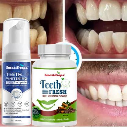 smartdrops Teeth Whitening Duo Foam and Charcoal Powder Combo for Deep Gum Cleaning and Intensive Stain Removal