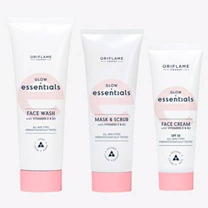 Oriflame ESSENTIALS Glow Essentials Face Wash with Vitamins E & B3 125 ml , Mask & Scrub 75 ml , Face Cream 50 ml