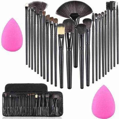 Sarbeau Professional Wood Make Up Brushes Sets With Leather Storage Pouch - 24 Pcs (Black)+ 2 SPONGE PUFF