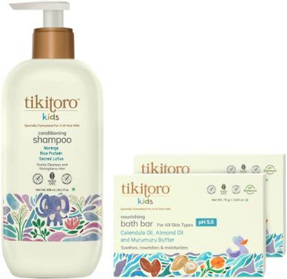 Tikitoro Kids Shampoo with Bath Bar (pack of 2) Combo - Conditions Hair and Scalp, Nourishes and Moisturizes Skin (4-10 Years)
