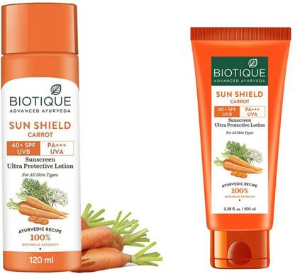 BIOTIQUE Sunscreen - SPF 50 PA+++ Carrot Sunscreen Lotion 120 ML & Carrot Sunscreen Lotion 100 ML
