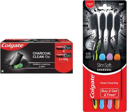 Colgate Charcoal Clean BAMBOO CHARCOAL & MINT TOOTHPASTE(240 G) WITH Slimsoft Charcoal Manual Toothbrush for Adults (Buy 2, Get 2 Free)