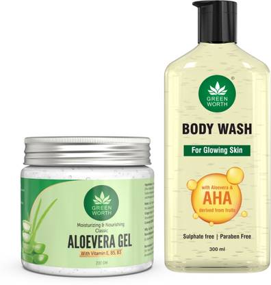 Greenworth Aloe vera Gel for face / hair 200gm & sulphate Free Body wash shower gel 300ml