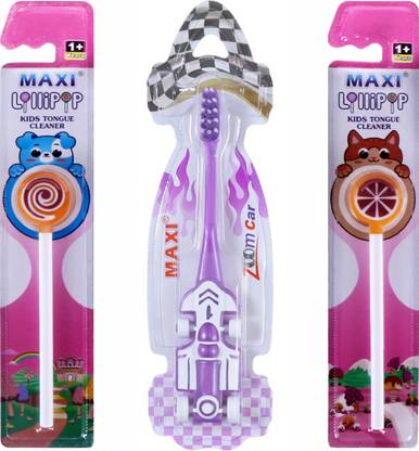 Maxi Oral Care Junior Combo of 4-2 Zoom Car Junior Toothbrush & 2 Lollipop Tongue Cleaner
