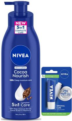 NIVEA Cocoa Nourish Body Lotion 400 ML & Original Care Lip Balm