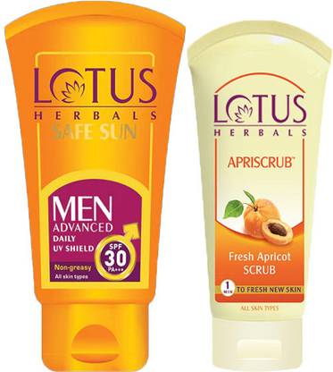 LOTUS Herbals Combo Pack - Safe Sun Men Advanced Sunblock SPF 30 PA+++ ( 100 g )& Apriscrub Fresh Apricot Scrub ( 60 g )