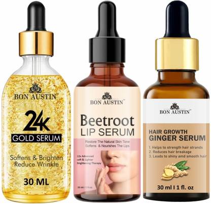 Bon Austin 24K Gold Face Serum & Beetroot Lip Serum & Hair Growth Serum (Each,30ml) Combo Pack