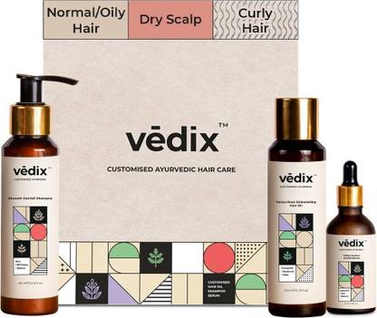 Vedix Hair Fall Control Regimen for Normal/Oily Hair - Dry Scalp & Curly Hair - Ayurvedic Hair Care Regimen - 3 Product Kit - Anti Hair Fall Oil Fenugreek + Sesamum - Anti-Hairfall Shampoo - Vithan Pro Hair Growth Serum