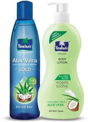 Parachute Advansed All Day Aloe Body Lotion, 100% Natural & Aloe Vera Gold Coconut Hair Oil  (2 Items in the set)