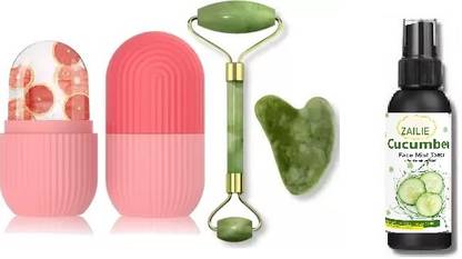 Zailie Face Jade Stone Roller & Ice Roller Beauty Tools Massager with Cucumber Face Toner 100ml
