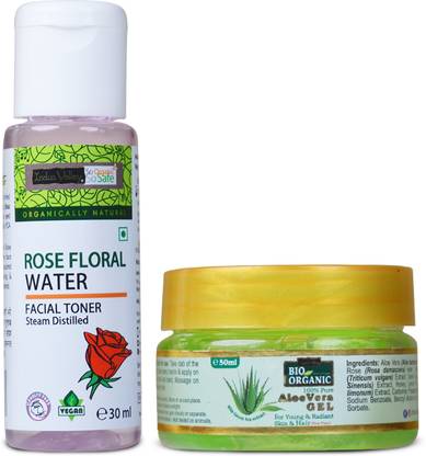 Indus Valley Bio Organic Aloevera Gel 50ml and Rose Water Toner 30ml Multipurpose Use Combo
