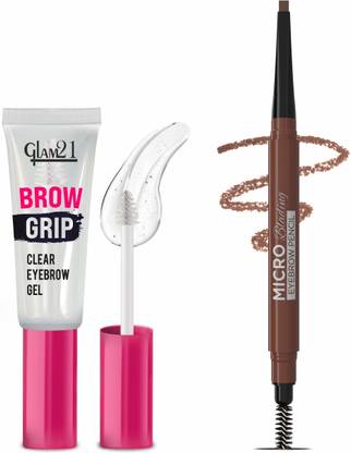 Glam21 Micro Blading Eyebrow Pencil, Dark Brown & Brow Grip Eyebrow Clear Gel For Fixer
