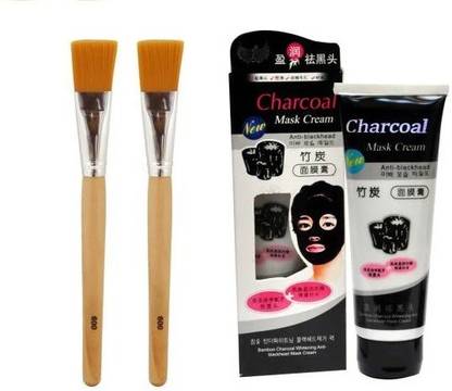 Rsentera charcoal mask with 2 Natural face pack brush bleach brush mask brush multipurpose high quality wooden brush