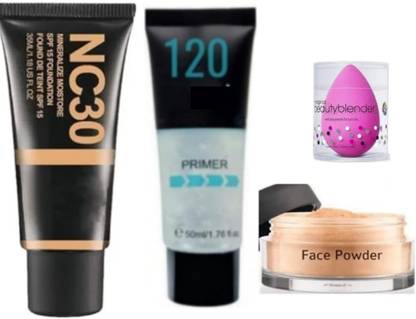 Jus’Be U Professional Waterproof Foundation, Face Powder,Face Prime with Beauty Blender Pack of-4