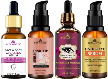 Bon Austin Face-Body Whitening Serum, Pink Lip Serum, Eyebrow Growth Oil & Under Eye Serum (Each, 30ml)