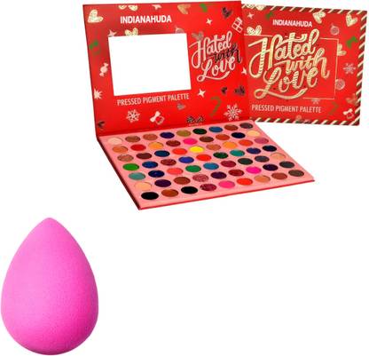 INDIANA HUDA Color Chirstmas Edition Hated With Love Pressed Pigment 63 Colors Palette(Red) & Makeup Blender Sponges Puff