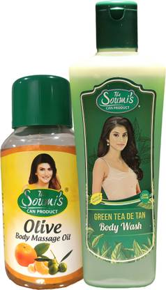 The Soumi's Can Product Olive Body Massage Oil (200ml) & Green Tea De Tan Body Wash (200ml)