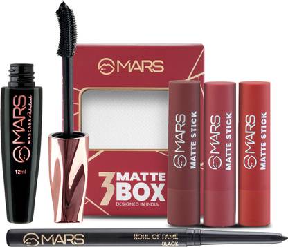 MARS Combo Of Red and Maroon Matte Lipstick Box With Ultra Curl Long Lasting Fabulash Mascara and Smudge Proof Kajal