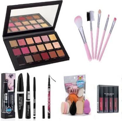 FRIPPE Mackup Kit Combo Rose Gold Kit, Brushes, Mascara, Eyeliner, Puff, 4in1 Lipstick