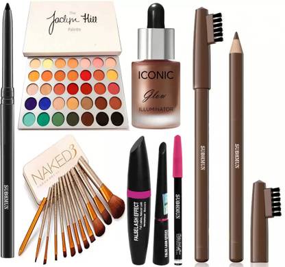 SUBHMUN Kajal & Jaclyn Hill Eyeshadow & 12pc Makeup Brush & 3in1 & Iconic Glow Illuminator, 36H, Eyebrow Pencil