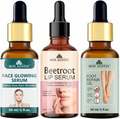 Bon Austin Face Glowing Serum & Beetroot Lip Serum - Softens and Nourish the Lips & Foot Repair Oil (Each,30ml)